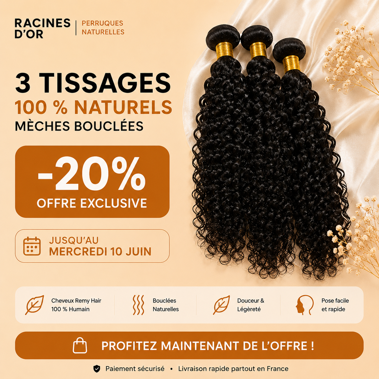 Tissage - Mèches bouclées 100 % naturelles