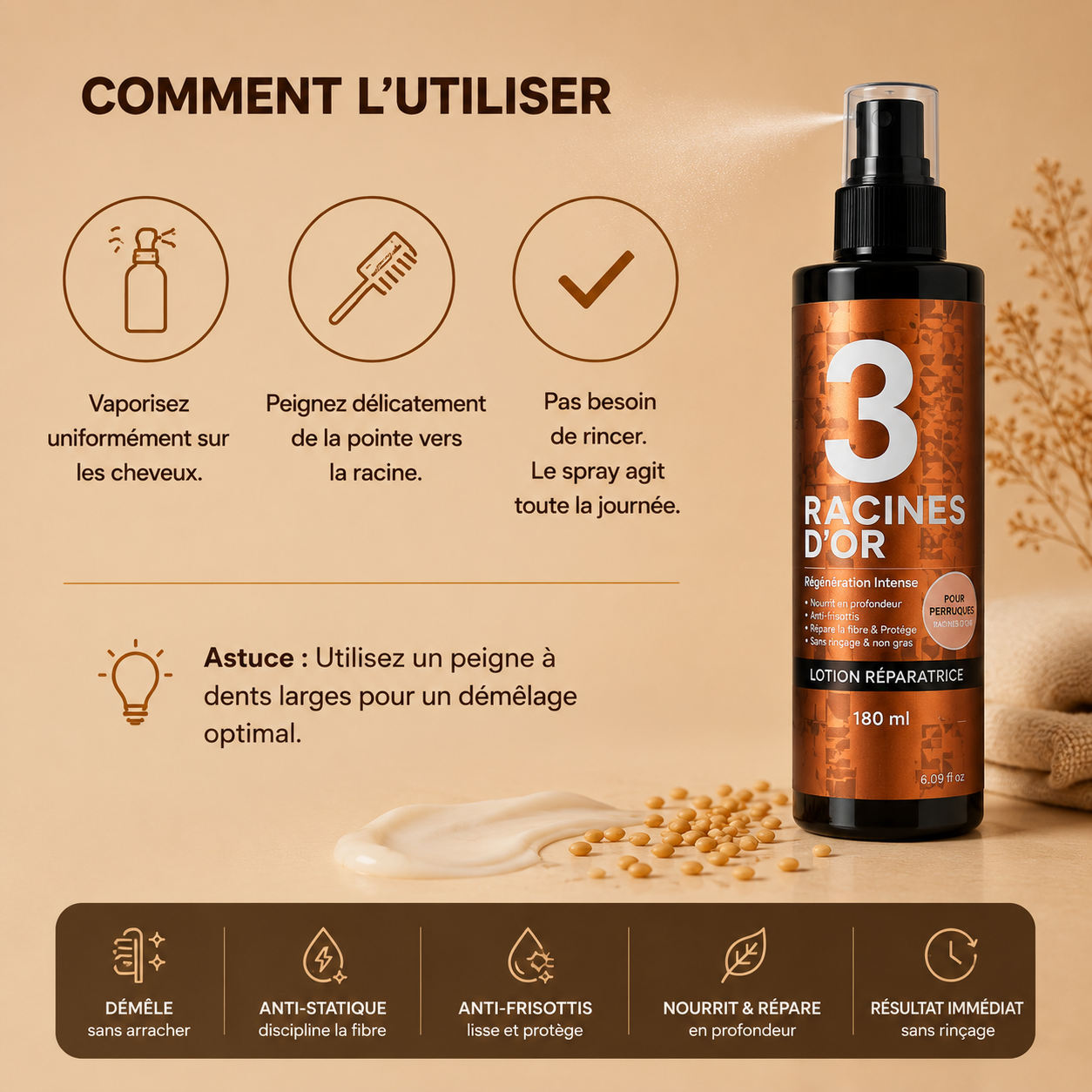 Pflegendes Entwirrungsspray – Anti-Frizz & Antistatisch für Remy-Haarperücken – 180 ml