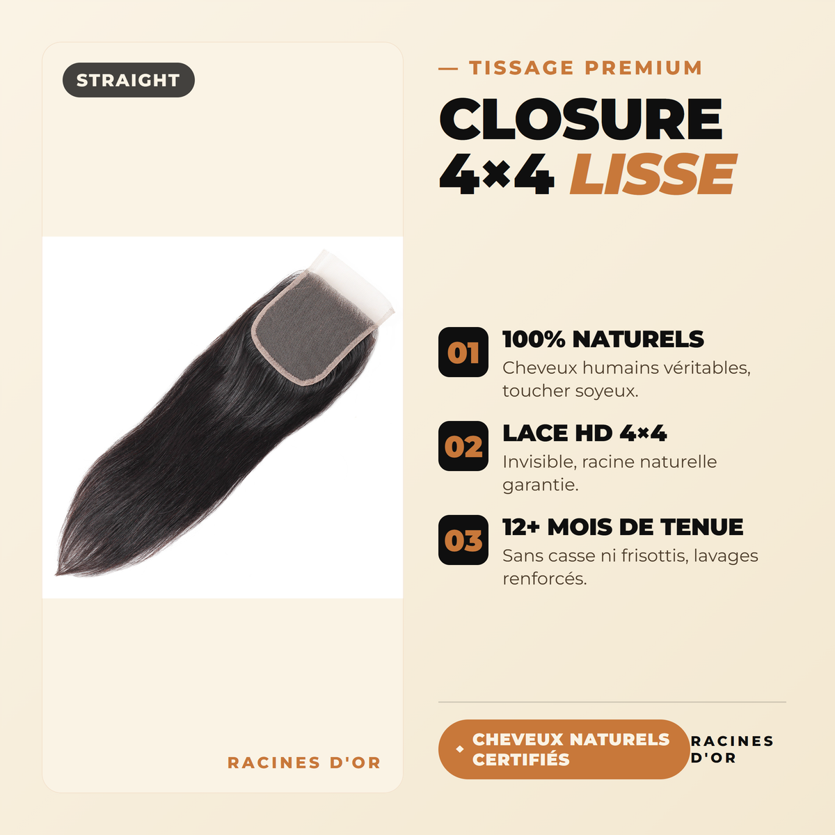 Closure 4x4 Lisse  – Cheveux 100% Naturel